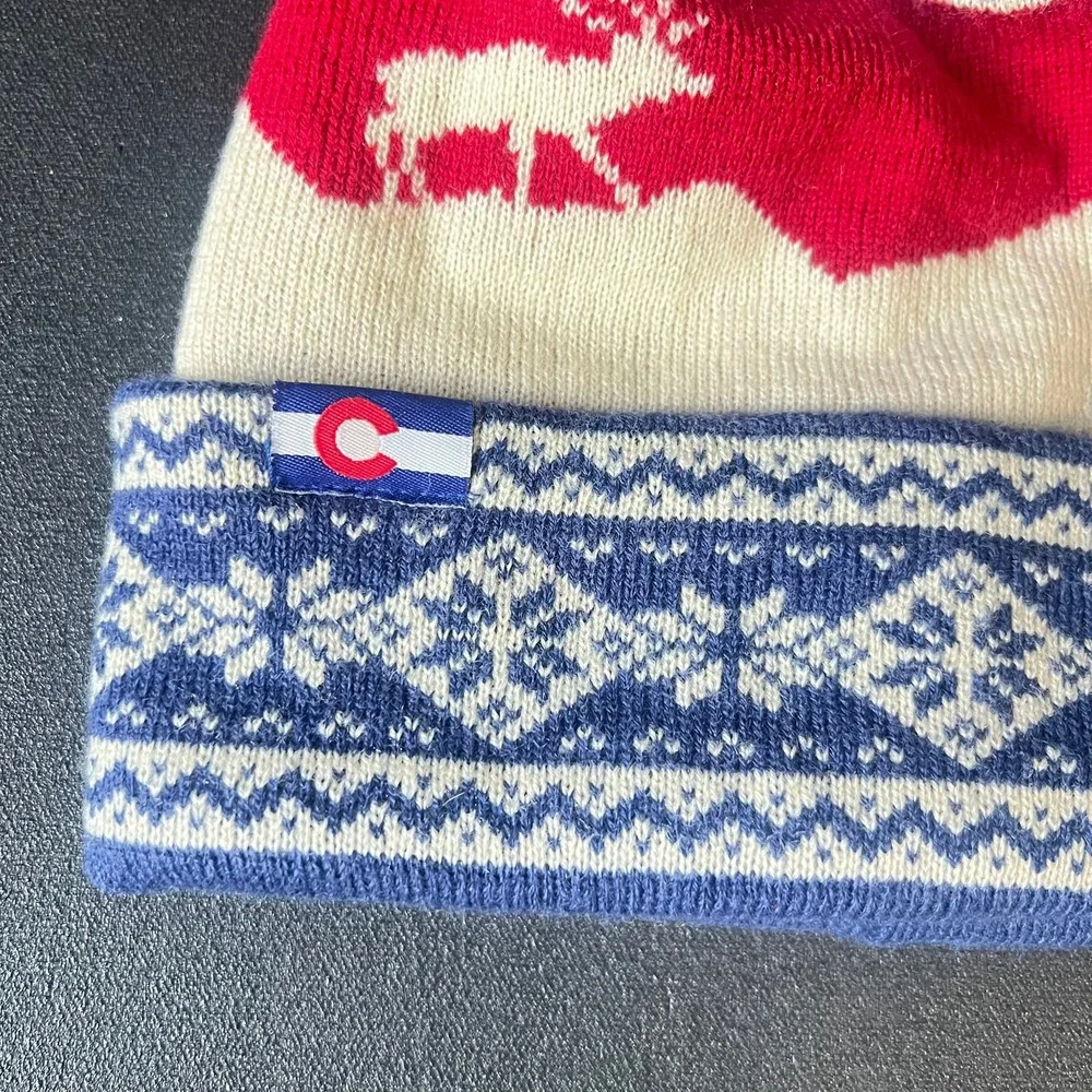 Cirque Mountain Colorado Flag Beanie Reindeer Fair Isle Pom Pom Knit Hat Nordic